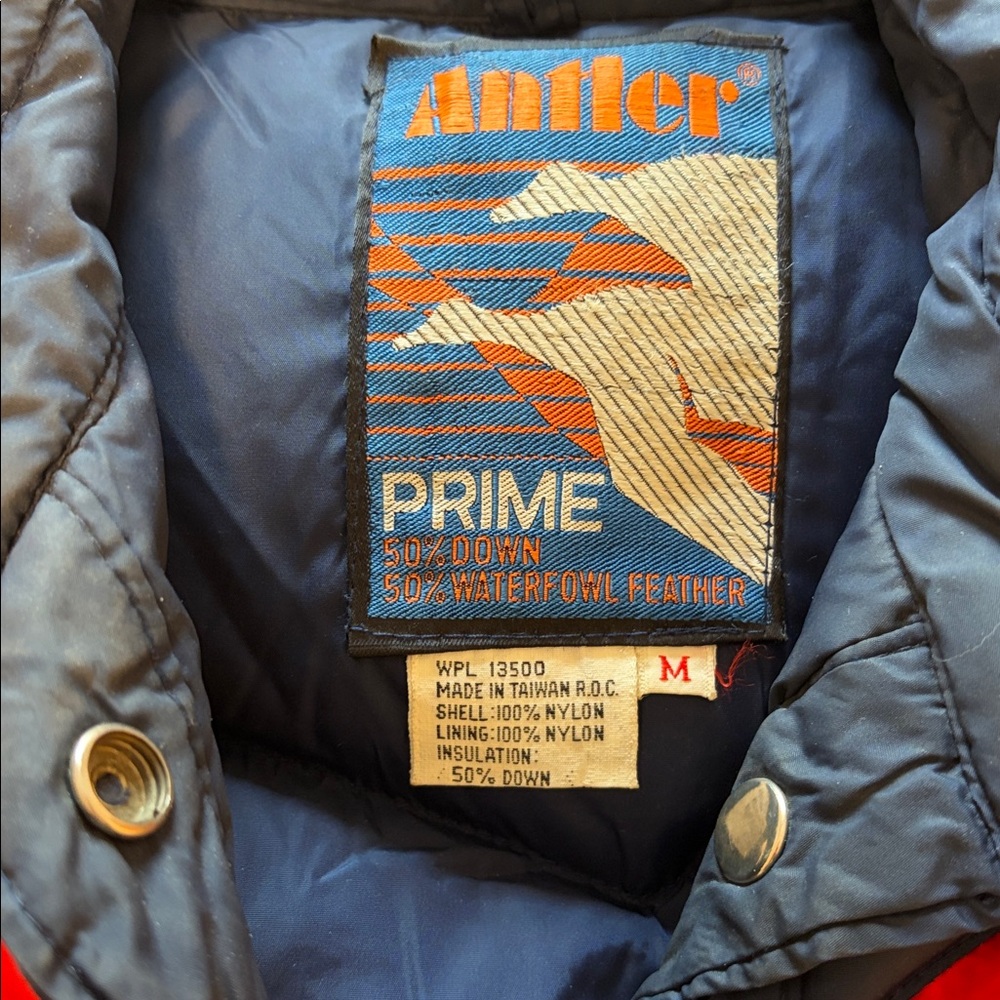 Antler Prime Navy Puffer Vest with Rainbow Chevron. 1986 ski pass attached. - Picture 2 of 9